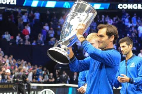 September 23, 2018 - Chicago, Illinois, United States - Team Europe poses with the trophy for the 2018 Laver Cup tennis event in Chicago. Tennis 2018: Laver Cup - ZUMAl132 20180923_zap_l132_047 Copyright: xChristopherxLevyx