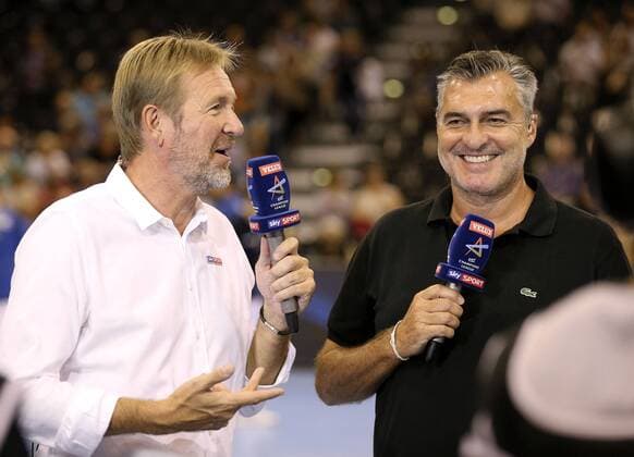 Photo TV experts and moderators the ex coach Michael Roth and Martin Schwalb left in the conversation Handball men 1 Bundesliga on Wed 19 09 2018 Flensburg HC Zagreb
