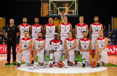 Henrik Rödl Germany National Team Roll Roedl Danilo Barthel Germany No 22 Johannes Thiemann Germany No 32 Maik Zirbes Germany No 33 Johannes Voigtmann Germany No 07 Robin Benzing Germany No 12 Maximilian Kleber Germany No 24 in front from left to right Andreas Obst Germany No 42 Bastian Doreth Germany No 13 Dennis Schröder Schroeder Germany No 17 Schröder Karsten Tadda Germany No 09 Ismet Akpinar Germany No 08 Nils Giffey Germany No 05