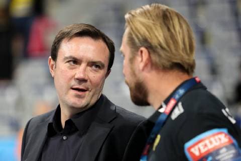 Former international player for Germany and Belarus Andrej Klimovets in conversation with Oliver Roggisch Sporting Director RNL Handball Champions League Rhein Neckar Löwen HC Meshkov Brest xozx