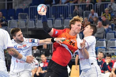 Rhine Neckar Loewen HC Meshkov Brest Rhine Neckar Loewe Jesper Nielsen No 36 against Brest Sime Ivic and right Darko Djukic playing in the Champions League Rhein Neckar Loewen HC Meshkov Brest Mannheim 26 09 18 Handball Champions League Mannheim Baden Wuerttemberg Germany SAP Arena