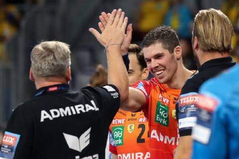 Nikolai Jacobsen Head coach RNL coach Vladan Lipovina RNL 5 Oliver Roggisch Sporting director RNL celebrating a goal Jubilee Torjubel Goalkeeping celebrate the goal goal celebration Cheering over the goal optimistic Action Action Handball Champions League Rhein Neckar Löwen HC Meshkov Brest xozx