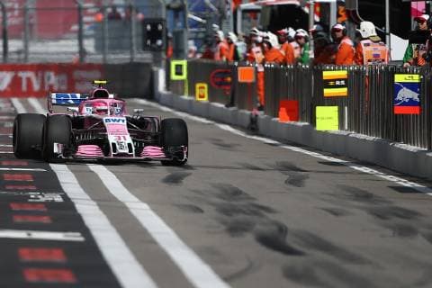 SOCHI, RUSSIA - SEPTEMBER 29, 2018: Force India Mercedes driver Estban Ocon in practice sessions at the 2018 Formula One VTB Russian Grand Prix at the Sochi Autodrom racing circuit. Yegor Aleyev TASS  TS091F18