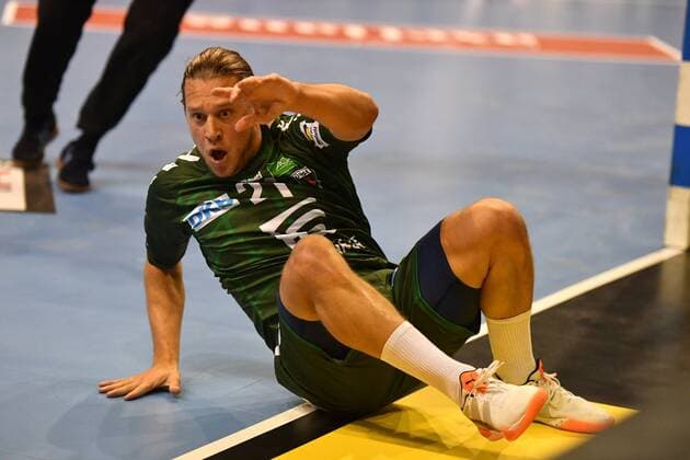Matthias Zachrisson Füchse celebrates a goal Füchse Berlin SC Magdeburg 1 Bundesliga DKB Handball Bundesliga 2018 2019 Men Men Men Handball Germany Germany Max Schmeling Halle Berlin 29 9 2018