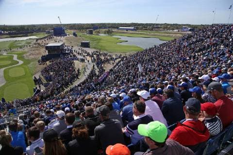 Fans watch the action from the grandstand on day two of the Ryder Cup at Le Golf National in Guyancourt near Paris on September 29, 2018. Team Europe leads Team USA 10-6 heading into the final day of competition.  PAR20180929101 DAVIDxSILPA