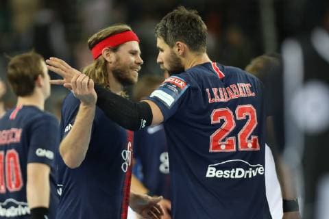 Zagreb, 29 09 2018 - Arena Zagreb hall, 2018 19 EHF Men s Champions League Group Phase. HC Prvo plinarsko drustvo Zagreb (white) - Paris Saint-Germain HB (blue) 21:32 HANSEN Mikkel (24) and KARABATIC Luka (22) 