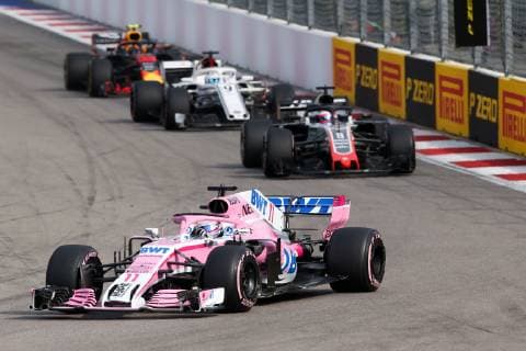 SOCHI, RUSSIA â€“ SEPTEMBER 30, 2018: Force India F1 Team driver Sergio Perez of Mexico (front) during the 2018 Formula One Russian Grand Prix at the Sochi Autodrom racing circuit. Sergei Fadeichev TASS  TS091FF1