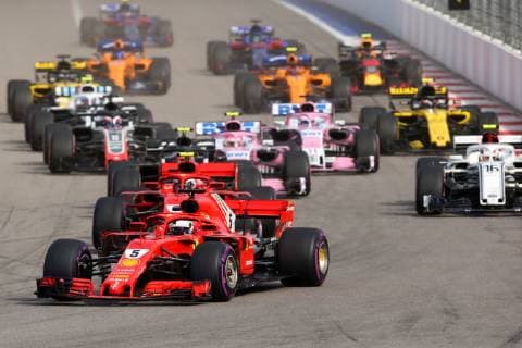 SOCHI, RUSSIA â€“ SEPTEMBER 30, 2018: Scuderia Ferrari F1 Team driver Sebastian Vettel of Germany (front) during the 2018 Formula One Russian Grand Prix at the Sochi Autodrom racing circuit. Sergei Fadeichev TASS  TS091FF3