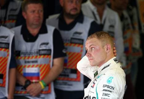 SOCHI, RUSSIA â€“ SEPTEMBER 30, 2018: Second-placed Mercedes AMG Petronas F1 driver Valtteri Bottas of Finland on the podium after the 2018 Formula One Russian Grand Prix at the Sochi Autodrom racing circuit. Yegor Aleyev TASS  TS09203E