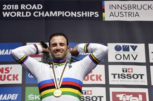 Spanish Alejandro Valverde of Movistar Team celebrates on the podium after winning the men elite road race the 2018 UCI Road World Championships Cycling in Innsbruck, Tirol, Austria, Sunday 30 September 2018. This year s Worlds are taking place from 22 to 30 September. ERICxLALMAND  x05437646x