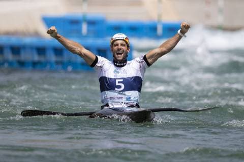 (180930) -- RIO DE JANEIRO, Sept. 30, 2018 -- Hannes Aigner of Germany reacts after the men s kayak (K1) final at the 2018 ICF Canoe Slalom world championships in Rio de Janeiro, Brazil, on September 30, 2018. Hannes Aigner won the gold with 89.69 seconds.) (SP)BRAZIL-RIO DE JANEIRO-ICF CANOE SLALOM WORLD CHAMPIONSHIPS LixMing 