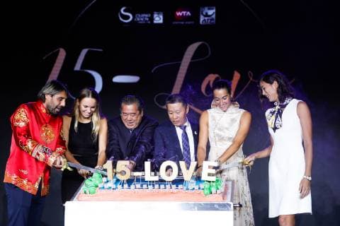 BEIJING, CHINA - SEPTEMBER 30: Garbine Muguruza (R) of Spain, Marcos Baghdatis (L) of Cyprus, Zhao Wen (3rd R), Director of Beijing Municipal Bureau of Sports, Caroline Wozniacki (2nd L) of Denmark and Caroline Garcia (2nd R) of France attend the welcome reception at Beijing Olympic Tower on day two of the 2018 China Open on September 30, 2018 in Beijing, China.  Copyright: xVCGx CFP111169790919 