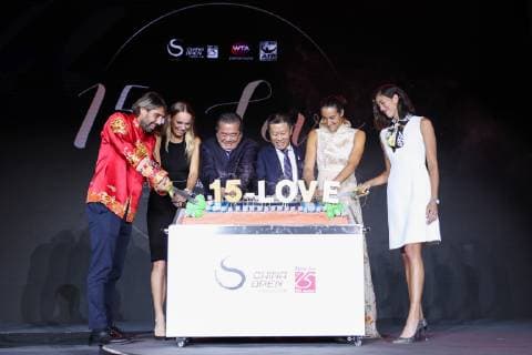 BEIJING, CHINA - SEPTEMBER 30: Garbine Muguruza (R) of Spain, Marcos Baghdatis (L) of Cyprus, Zhao Wen (3rd R), Director of Beijing Municipal Bureau of Sports, Caroline Wozniacki (2nd L) of Denmark and Caroline Garcia (2nd R) of France attend the welcome reception at Beijing Olympic Tower on day two of the 2018 China Open on September 30, 2018 in Beijing, China.  Copyright: xVCGx CFP111169790984 