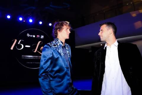 BEIJING, CHINA - SEPTEMBER 30: Alexander Zverev (L) of Germany and Grigor Dimitrov of of Bulgaria attend the welcome reception at Beijing Olympic Tower on day two of the 2018 China Open on September 30, 2018 in Beijing, China.  Copyright: xVCGx CFP111169800471 