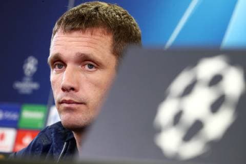 MOSCOW, RUSSIA - OCTOBER 1, 2018: CSKA Moscow s manager Viktor Goncharenko during a press conference PK Pressekonferenz ahead of the 2018-19 UEFA Champions League Group Stage match against Real Madrid. Anton Novoderezhkin TASS  TS09218F