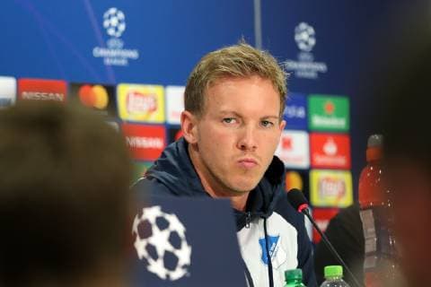 Julian Nagelsmann Coach Head Coach Hoffenheim Single Action Action Portrait Portrait at the Press Conference PK Press Conference Press Date Media meeting disappointed looking disappointment frustration disappointed pessimistic football UEFA Champions League Press Conference TSG 1899 Hoffenheim xozx