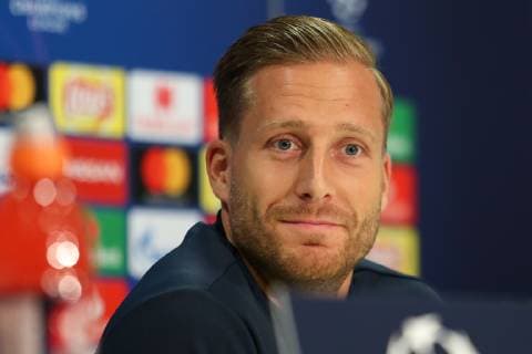 Oliver Baumann Goalkeeper Hoffenheim 1 Single Action Action Portrait Portrait at the Press Conference PK Press Conference Press Date Media Date Joy Friendly Cheerful Radiant Optimistic Soccer UEFA Champions League Press Conference TSG 1899 Hoffenheim xozx