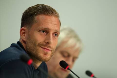 Oliver Baumann Goalkeeper Hoffenheim 1 Single Action Action Portrait Portrait at the Press Conference PK Press Conference Press Date Media Date Soccer UEFA Champions League Press Conference TSG 1899 Hoffenheim xozx