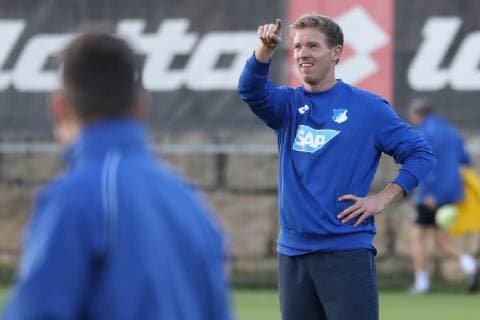 Head Coach Hoffenheim gives instructions gesticulating gesturing with the arms gives instructions gesticulate single action action football UEFA Champions League final training TSG 1899 Hoffenheim xozx