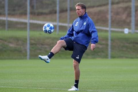 Julian Nagelsmann Coach Head Coach Hoffenheim on the ball Spielzene Freisteller Full Body Single Action Action Football UEFA Champions League Final training TSG 1899 Hoffenheim xozx