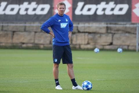 Julian Nagelsmann Coach Head Coach Hoffenheim on the ball Play scene Cut Out Full Body Single Action Action Thoughtful Worried Pessimistic Football UEFA Champions League Final training TSG 1899 Hoffenheim xozx