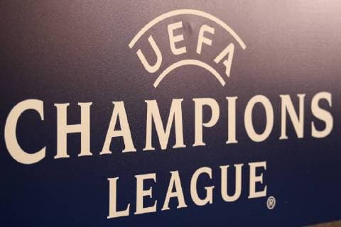 The logo of the UEFA Champions League Logo Symbolfoto Symbolic icon Symbol at the press conference PK Press Conference Press date Media meeting Football UEFA Champions League Press conference Manchester City FC xozx