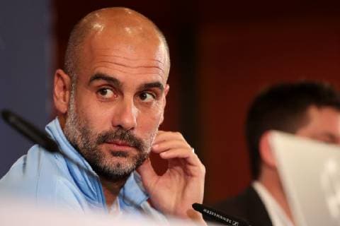 Josep Guardiola i Sala Pep Guardiola Manager Head Coach ManCity Single Action Action Portrait Portrait at the Press Conference PK Press Conference Press Date Media Date Soccer UEFA Champions League Press Conference Manchester City FC xozx