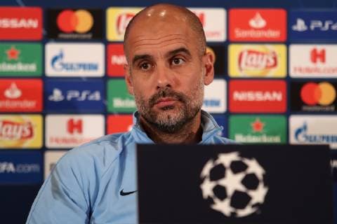 Josep Guardiola i Sala Pep Guardiola Manager Head Coach ManCity Still Life Action Action Portrait Portrait at the Press Conference PK Press Conference Press Date Media meeting disappointed looking disappointment frustration disappointed pessimistic football UEFA Champions League Press Conference Manchester City FC xozx