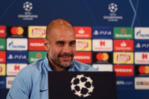 Josep Guardiola i Sala Pep Guardiola Manager Head Coach ManCity Still Life Action Action Portrait Portrait at the Press Conference PK Press Conference Press Date Media Date Joy Friendly Cheerful Radiant Optimistic Football UEFA Champions League Press Conference Manchester City FC xozx