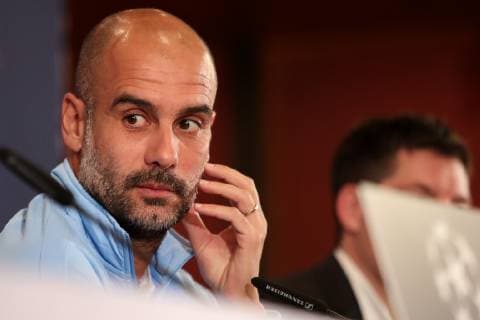 Josep Guardiola i Sala Pep Guardiola Manager Head Coach ManCity Single Action Action Portrait Portrait at the Press Conference PK Press Conference Press Date Media Date Soccer UEFA Champions League Press Conference Manchester City FC xozx