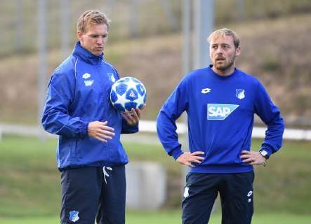 01 10 2018 xmeix Football UEFA Champions League TSG 1899 Hoffenheim Training and Press Conference emspor v l Hoffenheim coach Julian Nagelsmann TSG 1899 Hoffenheim with Hoffenheim co-athlete Matthias Kaltenbach DFL DFB REGULATIONS PROHIBIT ANY USE OF PHOTOGRAPHS as IMAGE SEQUENCES and or QUASI VIDEO Sinsheim prio:1