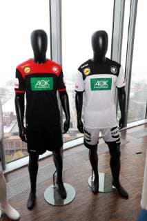 Local DHB jersey presentation for the Handball World Cup 2019 in the Sky Tower in Cologne from left Away jersey home jersey 02 10 2018