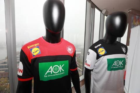 Local DHB jersey presentation for the Handball World Cup 2019 in the Sky Tower in Cologne from left Away jersey home jersey 02 10 2018