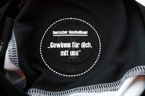 Local DHB jersey presentation for the Handball World Cup 2019 in the Sky Tower in Cologne Detail in neck area inside Win for us 02 10 2018