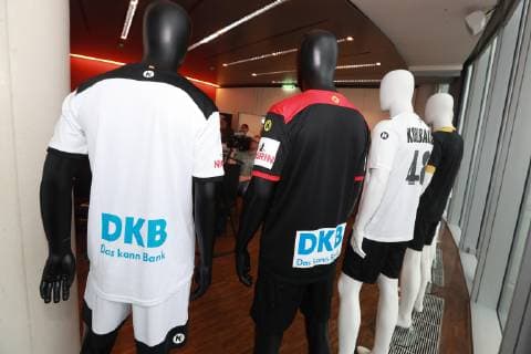 Local DHB jersey presentation for the Handball World Cup 2019 in the Sky Tower in Cologne Back from the left Home shirt Away jersey 02 10 2018