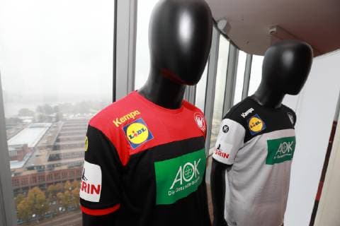 Local DHB jersey presentation for the Handball World Cup 2019 in the Sky Tower in Cologne from left Away jersey home jersey 02 10 2018