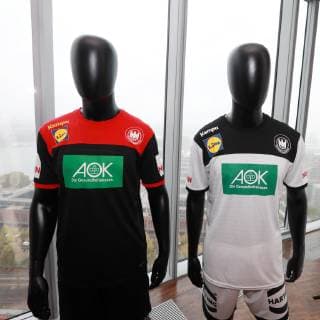 Local DHB jersey presentation for the Handball World Cup 2019 in the Sky Tower in Cologne from left Away jersey home jersey 02 10 2018
