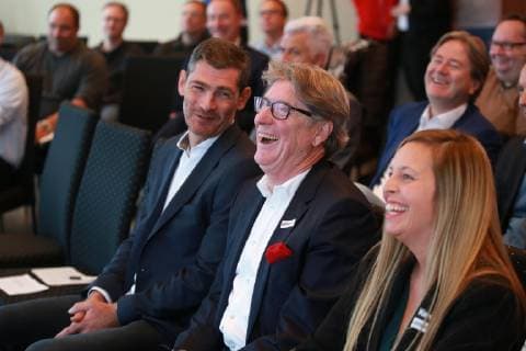 Local DHB Trikotpräsentation for the Handball World Cup 2019 in the Sky Tower in Cologne from the right Melanie Merz Uhlsport Toni Schumacher Henning Fritz 02 10 2018