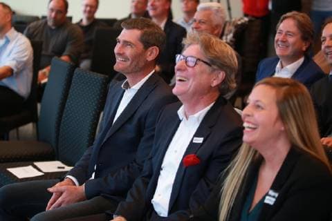Local DHB Trikotpräsentation for the Handball World Cup 2019 in the Sky Tower in Cologne from the right Melanie Merz Uhlsport Toni Schumacher Henning Fritz 02 10 2018