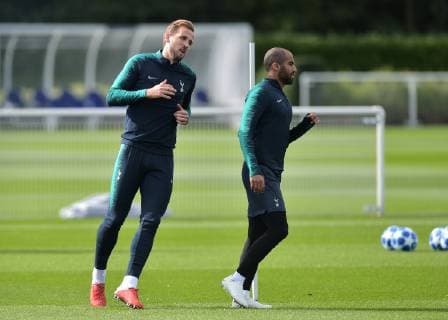 Harry Kane of Tottenham Hotspur and Lucas of Tottenham Hotspur during the Tottenham Hotspur part open training session ahead of the Champions League fixtures between Spurs & Barcelona. Training takes place at Tottenham Hotspur Training Ground, Hotspur Way, England on 2 October 2018. Copyright: xVincexxMignottx PMI-2287-0013