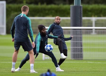Lucas of Tottenham Hotspur and Danny Rose of Tottenham Hotspur during the Tottenham Hotspur part open training session ahead of the Champions League fixtures between Spurs & Barcelona. Training takes place at Tottenham Hotspur Training Ground, Hotspur Way, England on 2 October 2018. Copyright: xVincexxMignottx PMI-2287-0021
