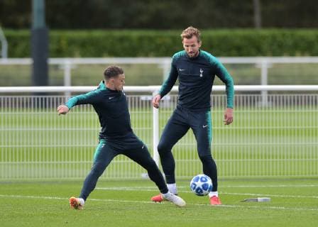 Harry Kane of Tottenham Hotspur and Kieran Trippier of Tottenham Hotspur during the Tottenham Hotspur part open training session ahead of the Champions League fixtures between Spurs & Barcelona. Training takes place at Tottenham Hotspur Training Ground, Hotspur Way, England on 2 October 2018. Copyright: xVincexxMignottx PMI-2287-0025