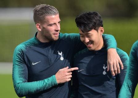 Toby Alderweireld of Tottenham Hotspur and Son Heung-Min of Tottenham Hotspur during the Tottenham Hotspur part open training session ahead of the Champions League fixtures between Spurs & Barcelona. Training takes place at Tottenham Hotspur Training Ground, Hotspur Way, England on 2 October 2018. Copyright: xVincexxMignottx PMI-2287-0031