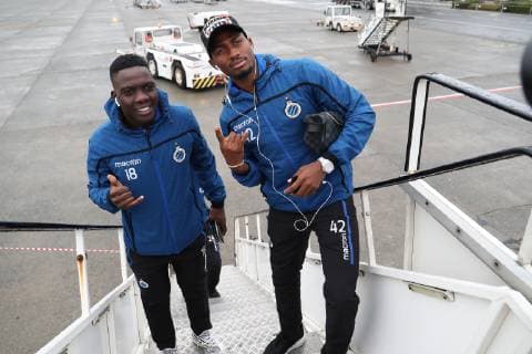 Club s Marvelous Nakamba and Club s Emmanuel Bonaventure Dennis pictured during the departure of Belgian soccer team Club Brugge KV for Mardid, Spain, Tuesday 02 October 2018 at Oostende Airport. Tomorrow Club will meet Spanish club Atletico Madrid on day two the UEFA Champions League, in group A. BRUNOxFAHY  x05439381x