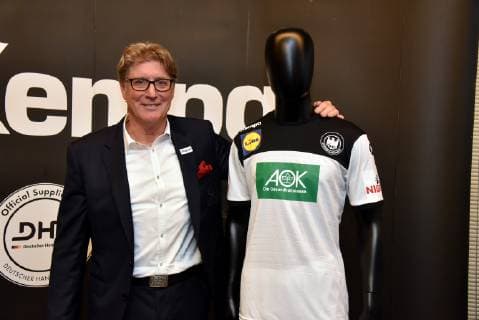 Harald Toni Schumacher former German soccer goalkeeper posing with the new jersey on 02 10 2018 in Cologne at the presentation of the new jersey of the German national handball team for the Handball World Cup 2019 by Kempa and the German Handball Federation DHB