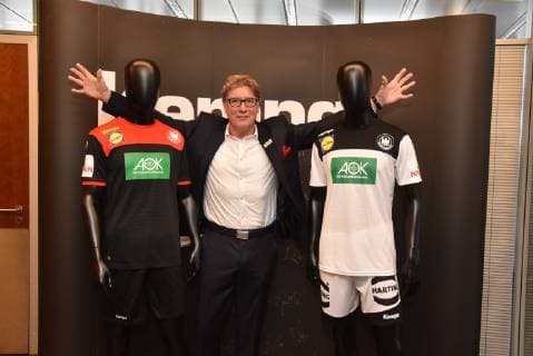 Harald Toni Schumacher former German soccer goalkeeper posing with the new jersey on 02 10 2018 in Cologne at the presentation of the new jersey of the German national handball team for the Handball World Cup 2019 by Kempa and the German Handball Federation DHB