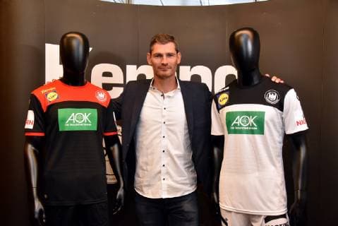 The athlete Henning Fritz former German handball goalkeeper posing with new jerseys on 02 10 2018 in Cologne at the presentation of the new jersey of the German national handball team for the Handball World Cup 2019 by Kempa and the German Handball Federation DHB
