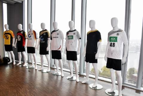 The national team jerseys of the past years stand on 02 10 2018 in Cologne with the presentation of the new jersey of the German handball national team for the Handball WM 2019 by Kempa and the German handball federation DHB