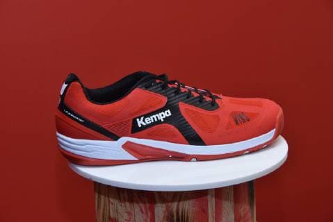 a red Kempa Wing handball shoe on 02 10 2018 in Cologne at the presentation of the new jersey of the German national handball team for the Handball World Cup 2019 by Kempa and the German Handball Federation DHB