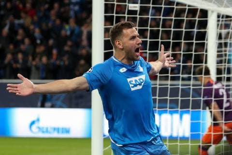 Adam Szalai Hoffenheim 28 celebrates goalkeeper 0 0 goalscoring goalscoring goalkeeper celebrate the goal goal celebration cheering over the goal optimistic Action Action Soccer UEFA Champions League TSG 1899 Hoffenheim Manchester City FC xozx